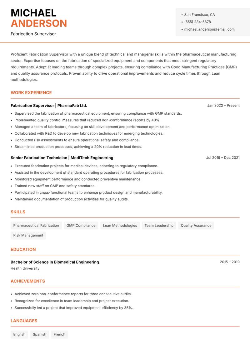 Fabrication Supervisor resume sample — Fabrication Supervisor focus