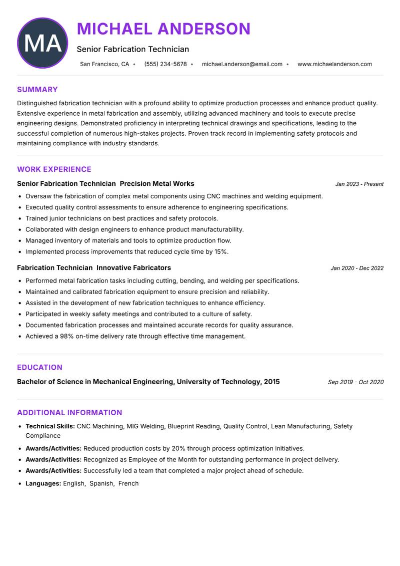 Fabrication Technician resume example