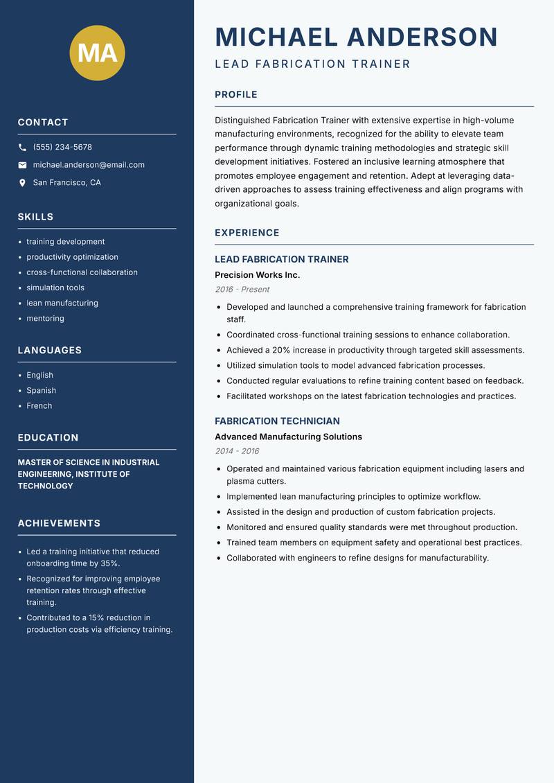 Fabrication Trainer resume sample — Lead Fabrication Trainer focus