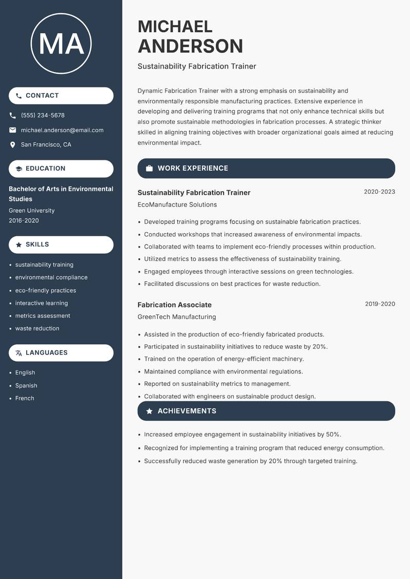 Fabrication Trainer resume sample — Sustainability Fabrication Trainer focus