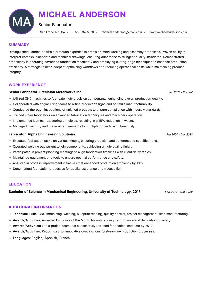 Fabricator resume example