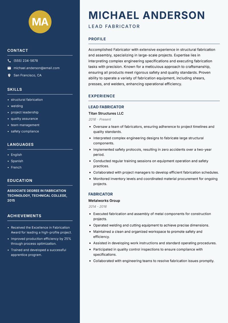 Fabricator resume sample — Lead Fabricator focus