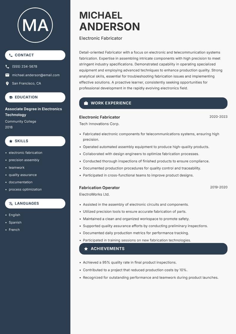 Fabricator resume sample — Electronic Fabricator focus
