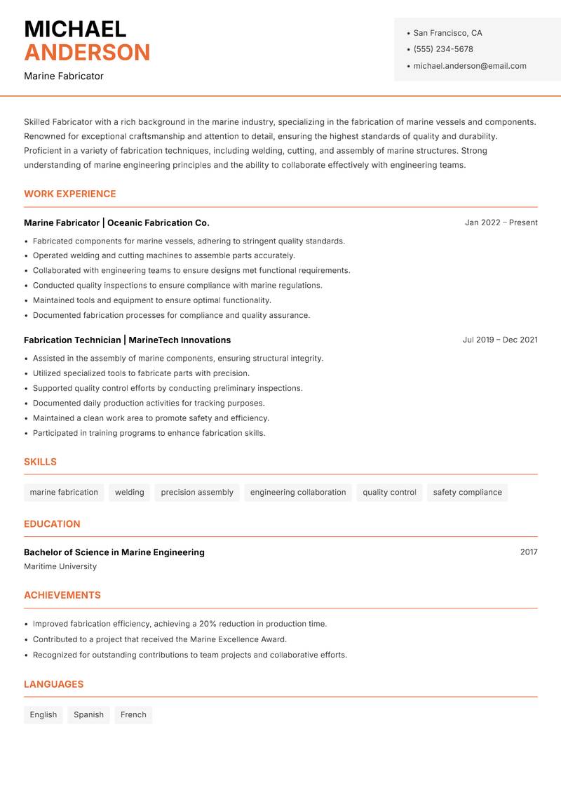 Fabricator resume sample — Marine Fabricator focus