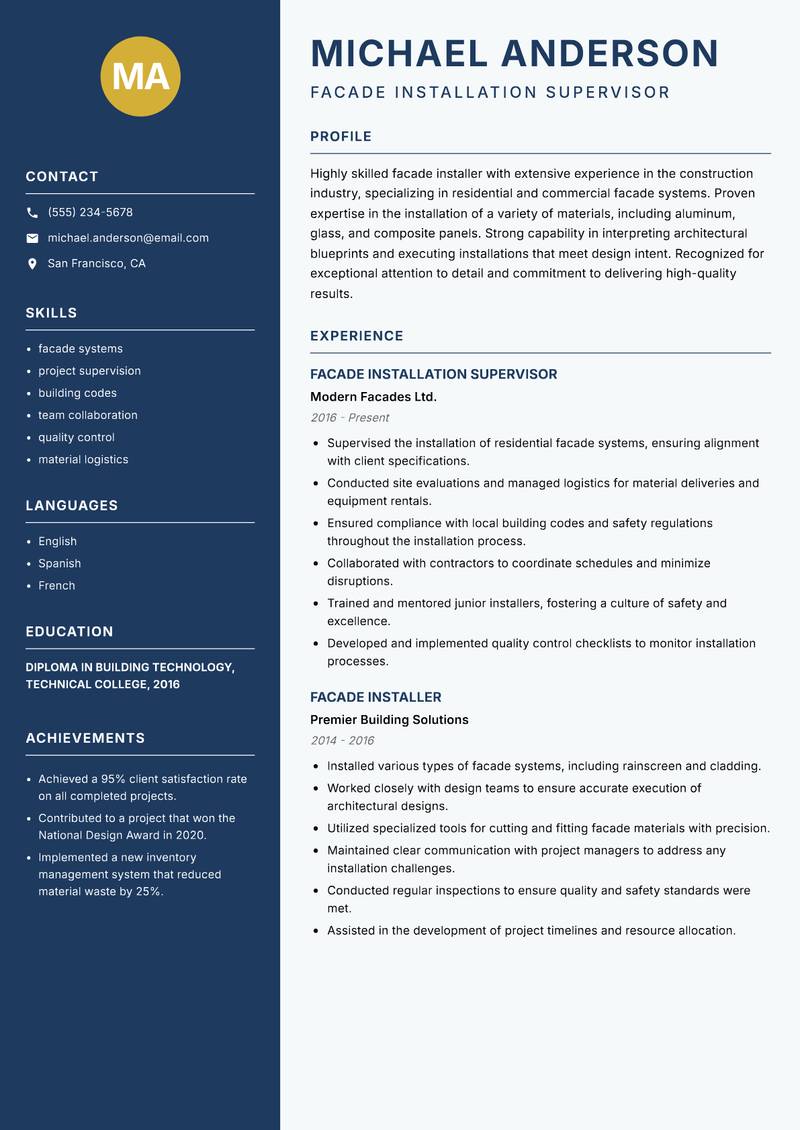 Facade Installer resume sample — Facade Installation Supervisor focus