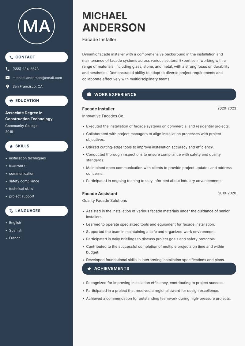Facade Installer resume sample — Facade Installer focus