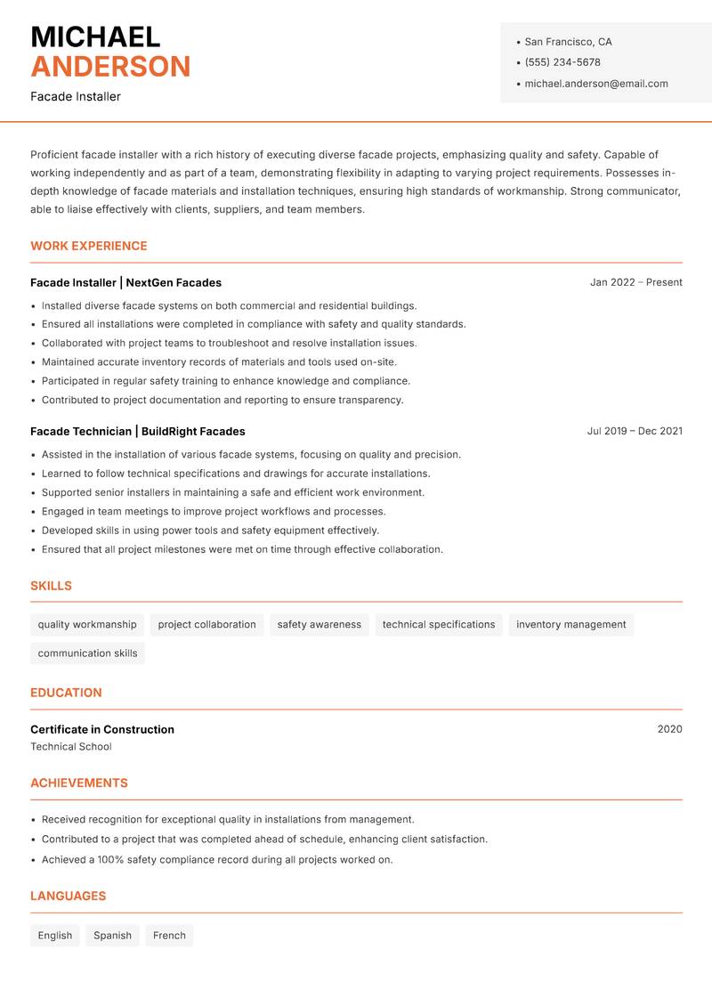 Facade Installer resume sample — Facade Installer focus