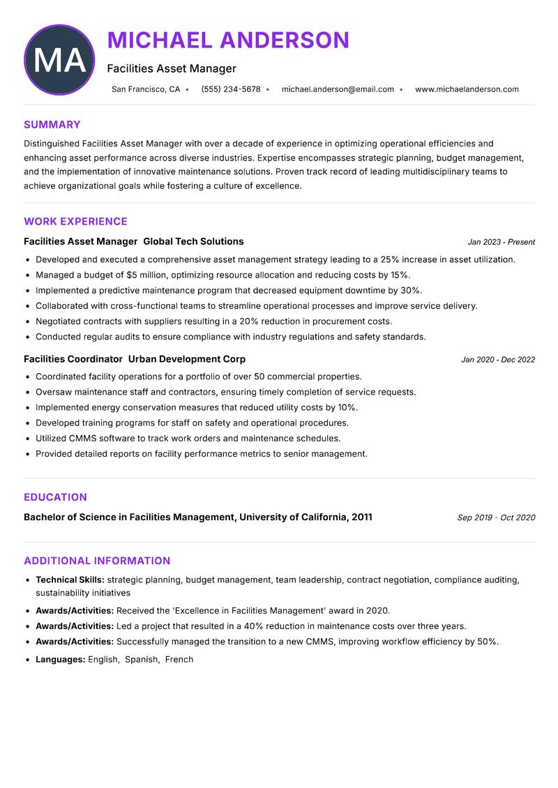Facilities Asset Manager resume example