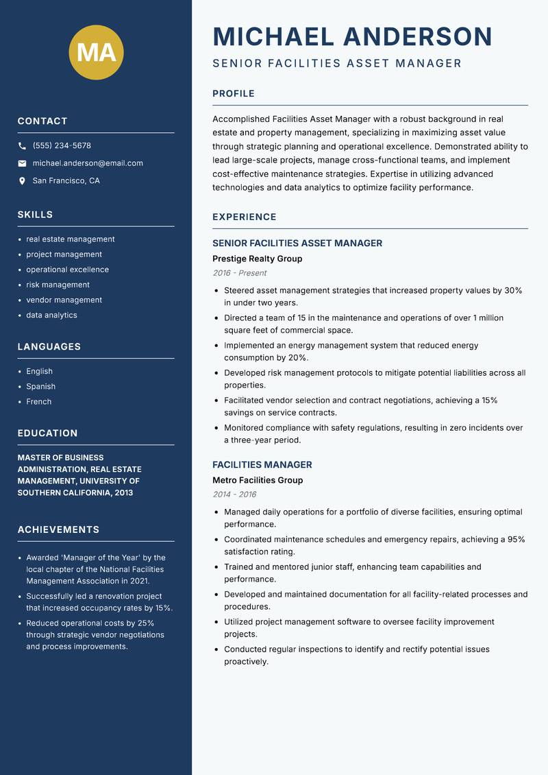 Facilities Asset Manager resume sample — Senior Facilities Asset Manager focus