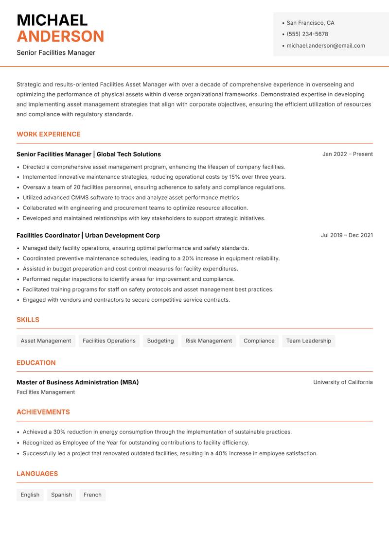 Facilities Asset Manager resume sample — Senior Facilities Manager focus