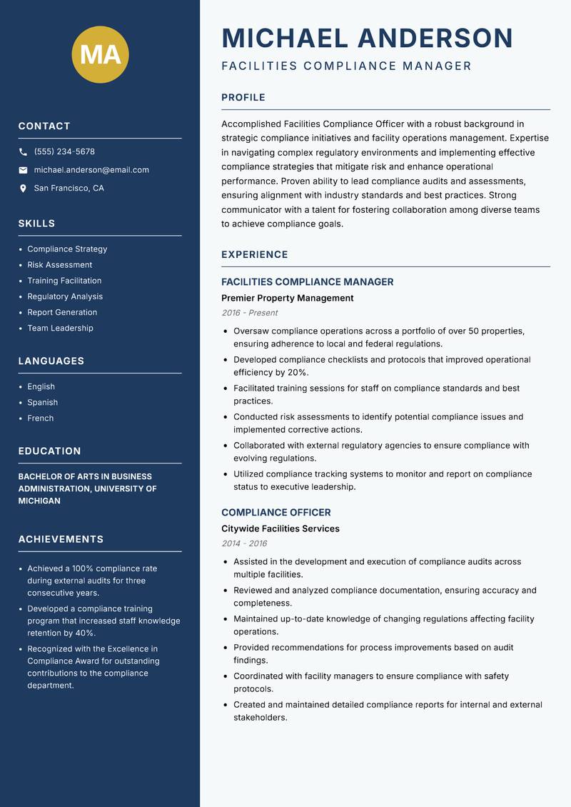 Facilities Compliance Officer resume sample — Facilities Compliance Manager focus