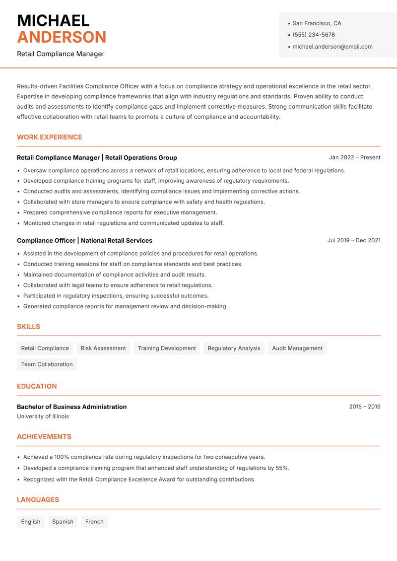 Facilities Compliance Officer resume sample — Retail Compliance Manager focus