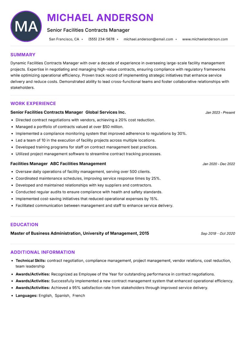 Facilities Contracts Manager resume example