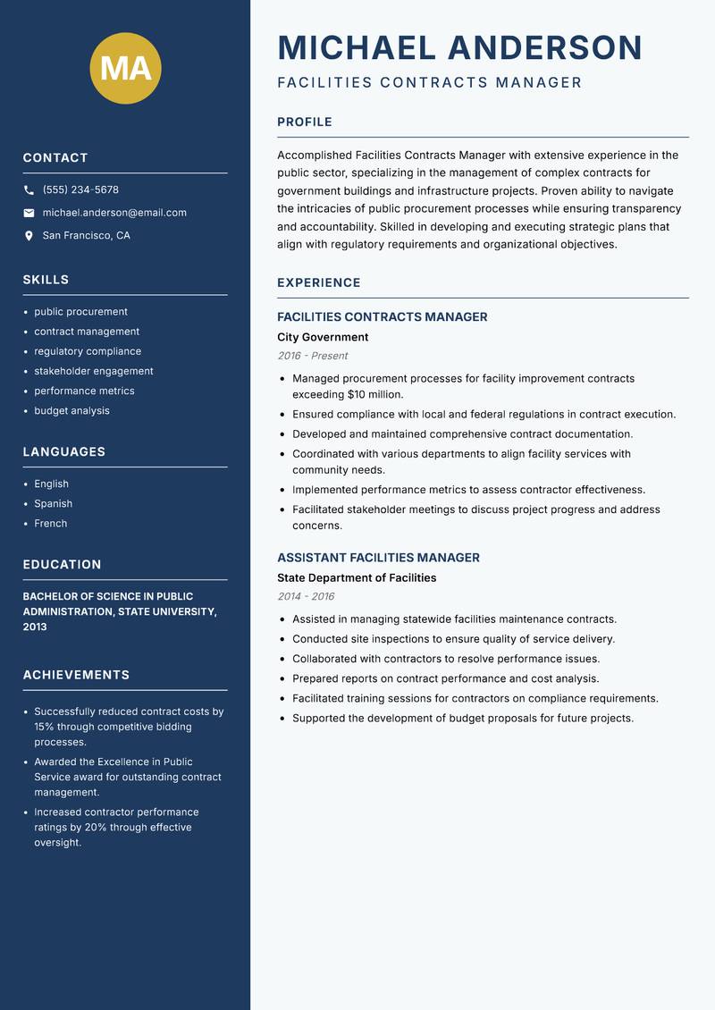 Facilities Contracts Manager resume sample — Facilities Contracts Manager focus