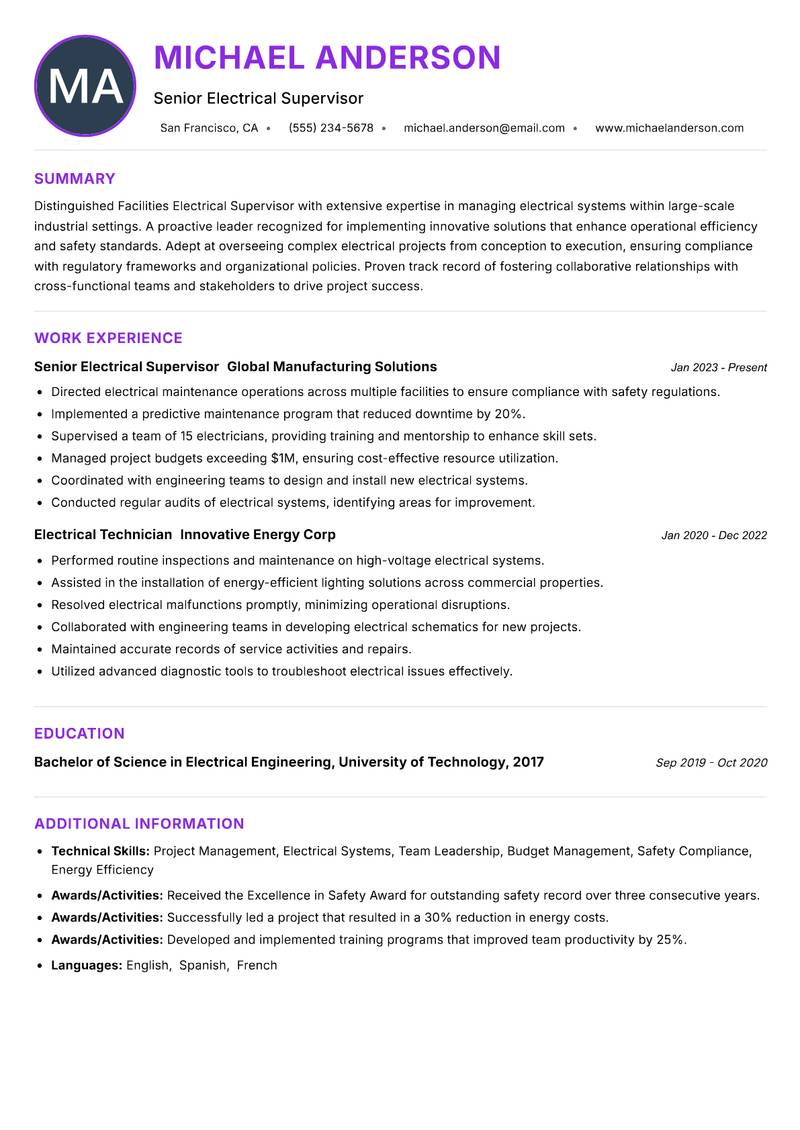 Facilities Electrical Supervisor resume example