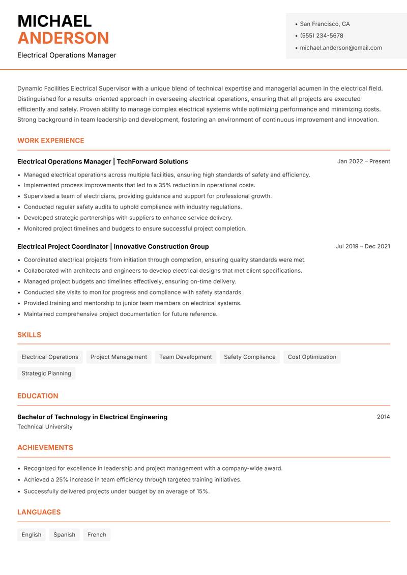 Facilities Electrical Supervisor resume sample — Electrical Operations Manager focus