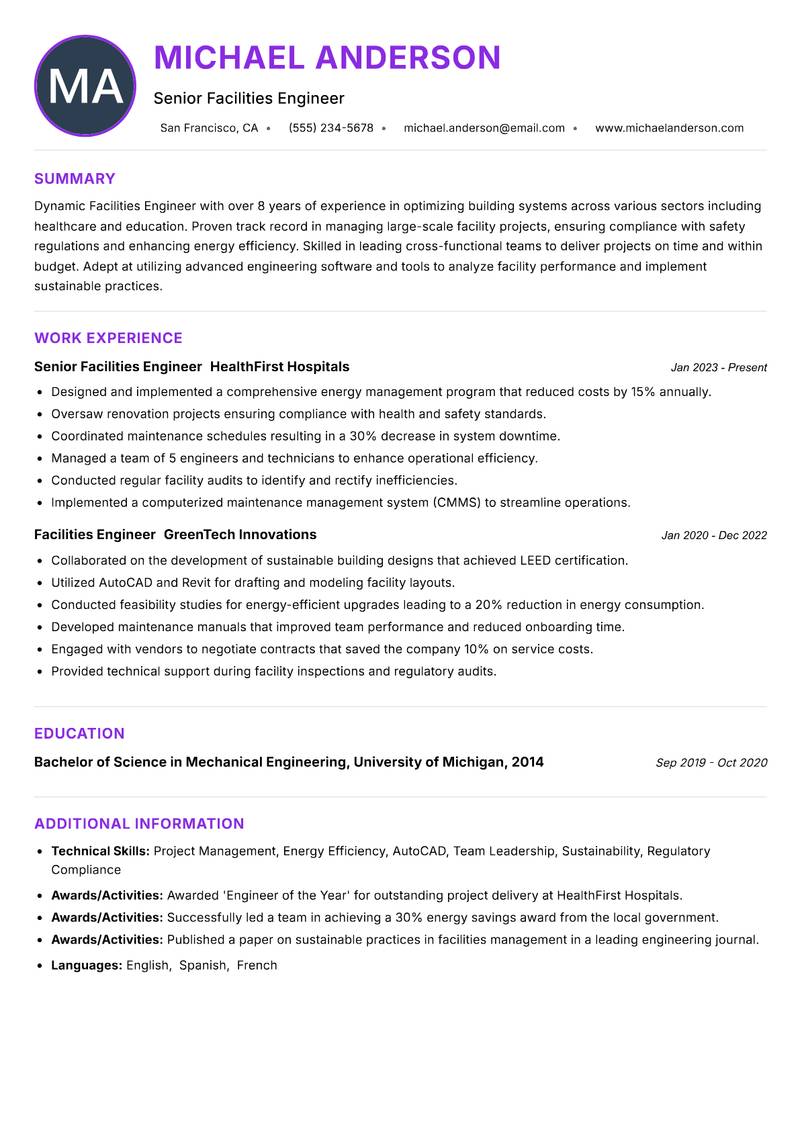 Facilities Engineer resume example