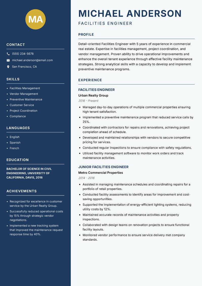 Facilities Engineer resume sample — Facilities Engineer focus