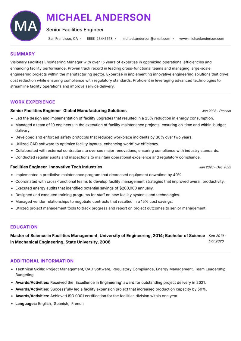 Facilities Engineering Manager resume example