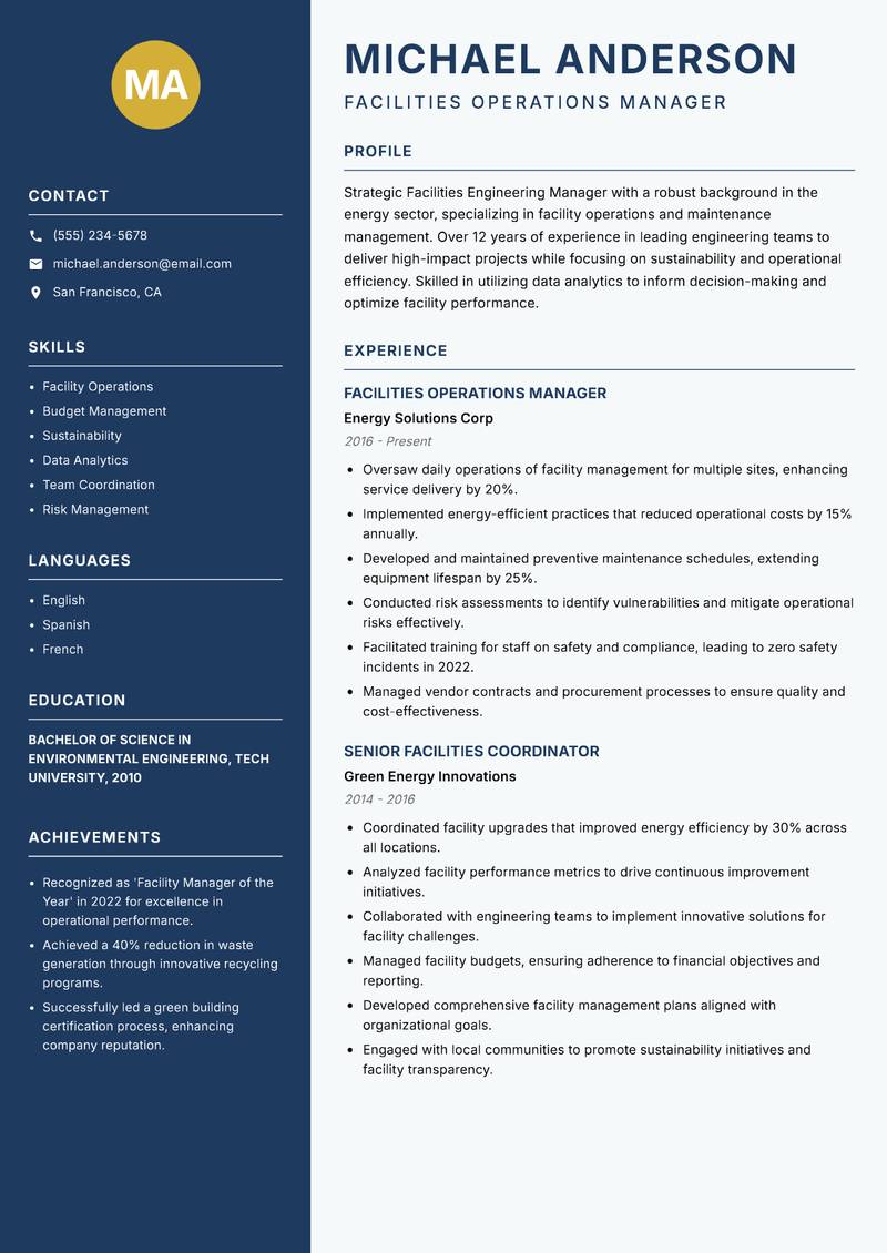 Facilities Engineering Manager resume sample — Facilities Operations Manager focus