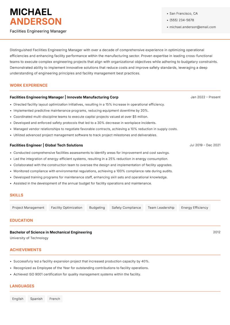 Facilities Engineering Manager resume sample — Facilities Engineering Manager focus