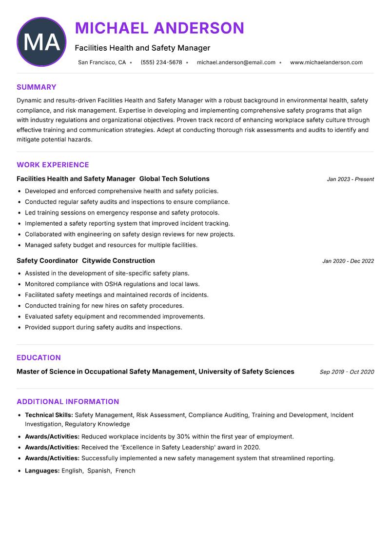Facilities Health and Safety Manager resume example