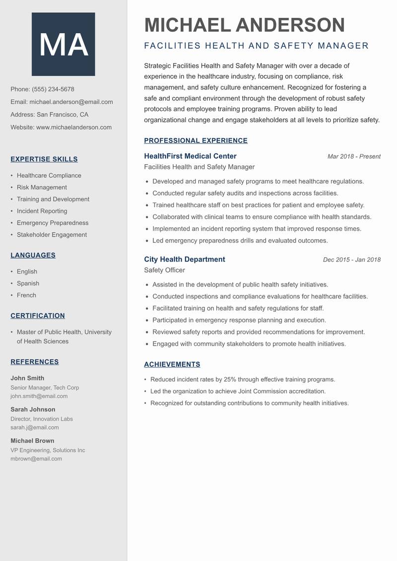 Facilities Health and Safety Manager resume sample — Facilities Health and Safety Manager focus