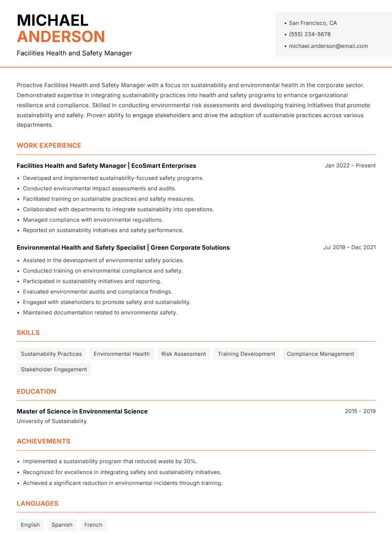 Facilities Health and Safety Manager resume sample — Facilities Health and Safety Manager focus
