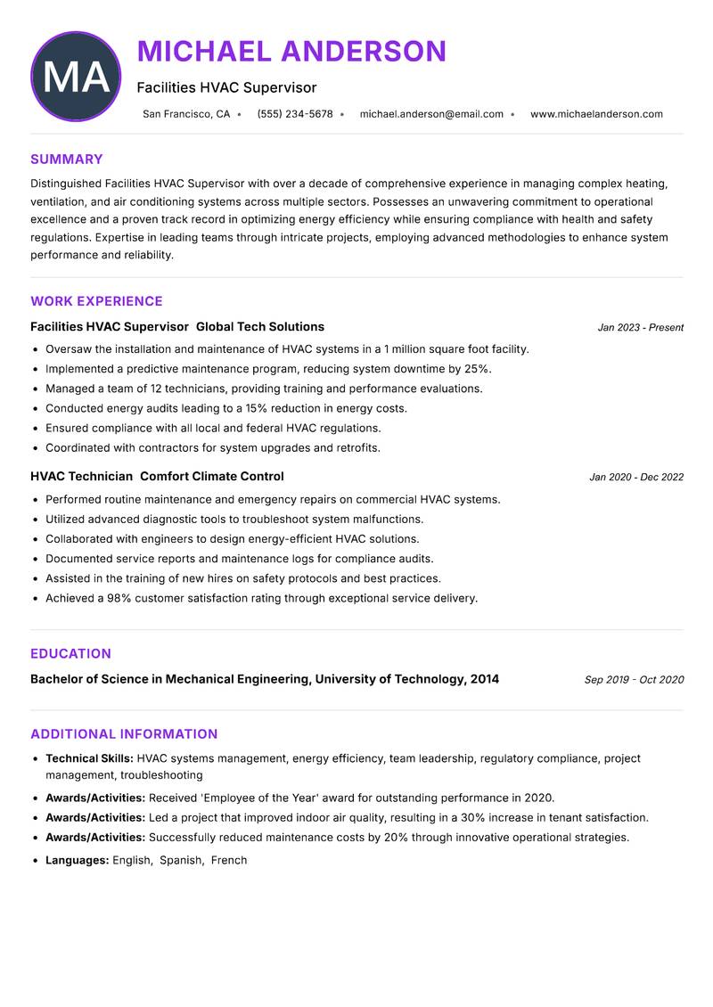 Facilities HVAC Supervisor resume example