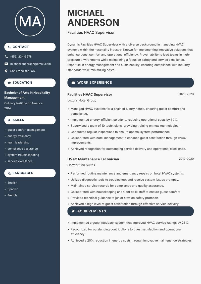 Facilities HVAC Supervisor resume sample — Facilities HVAC Supervisor focus