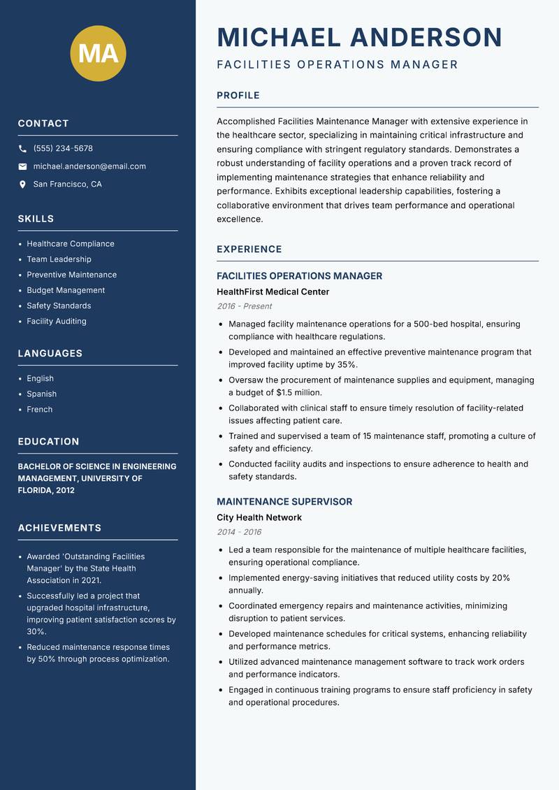 Facilities Maintenance Manager resume sample — Facilities Operations Manager focus