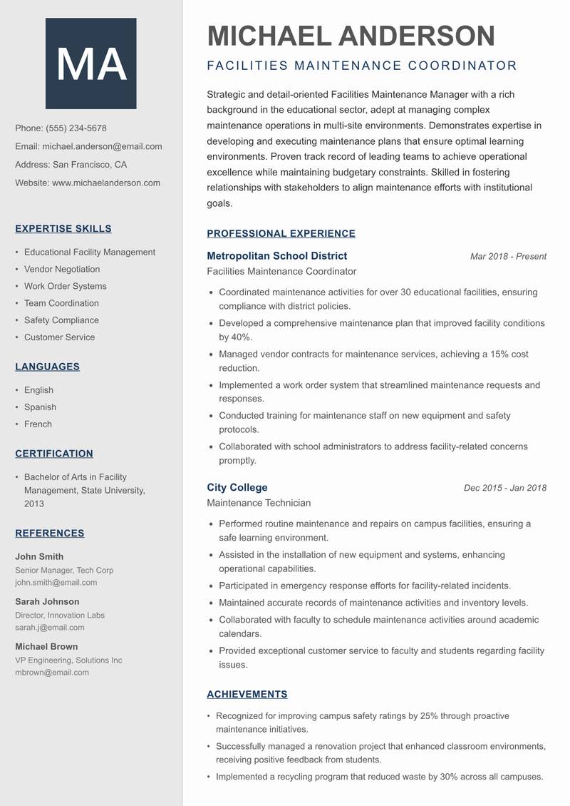 Facilities Maintenance Manager resume sample — Facilities Maintenance Coordinator focus