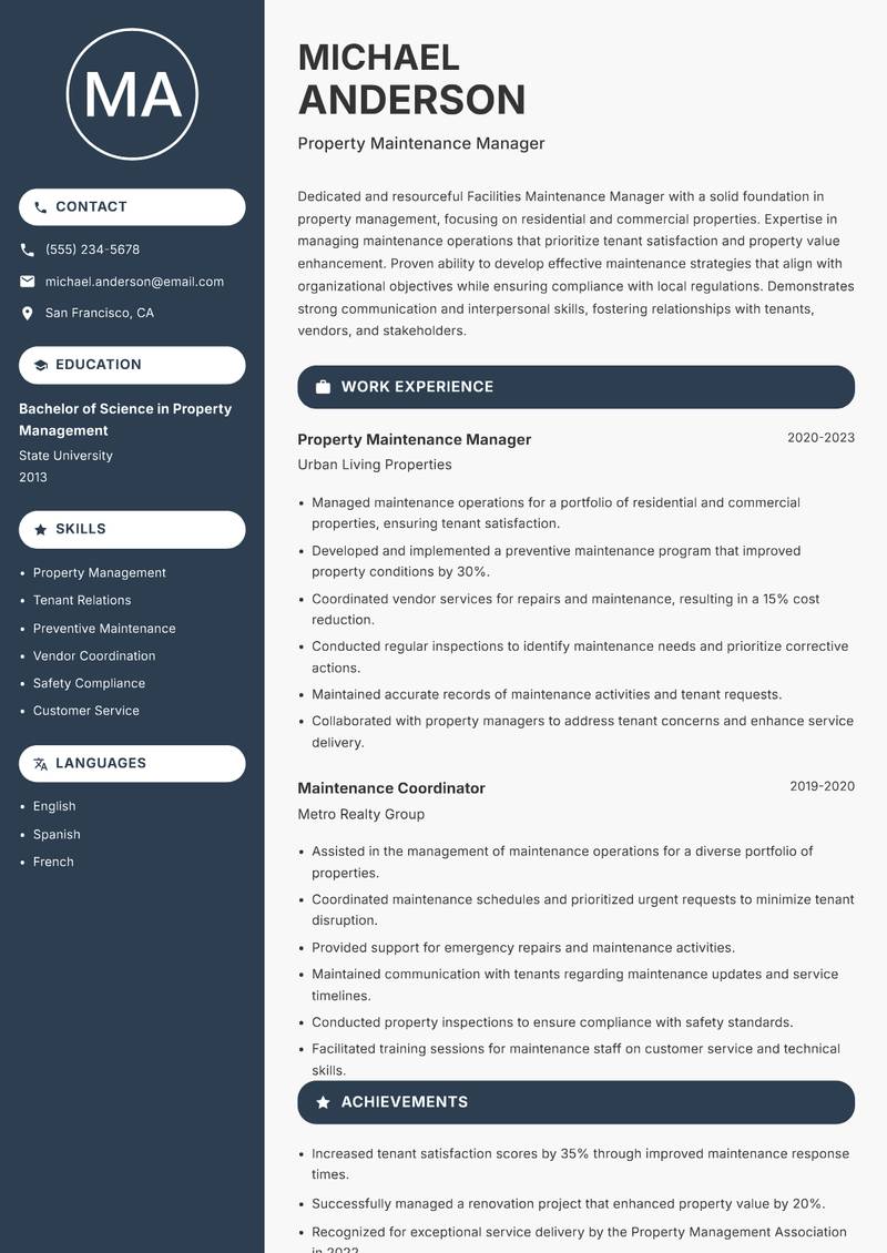 Facilities Maintenance Manager resume sample — Property Maintenance Manager focus