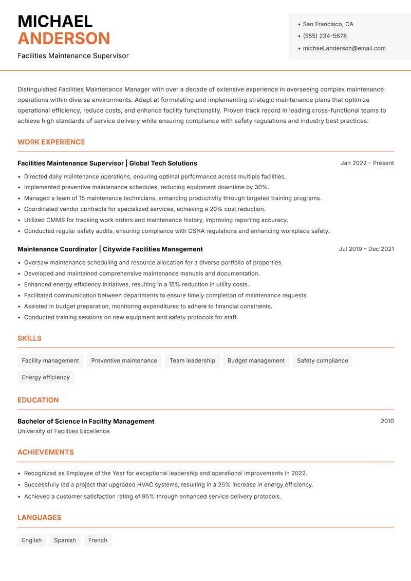 Facilities Maintenance Manager resume sample — Facilities Maintenance Supervisor focus