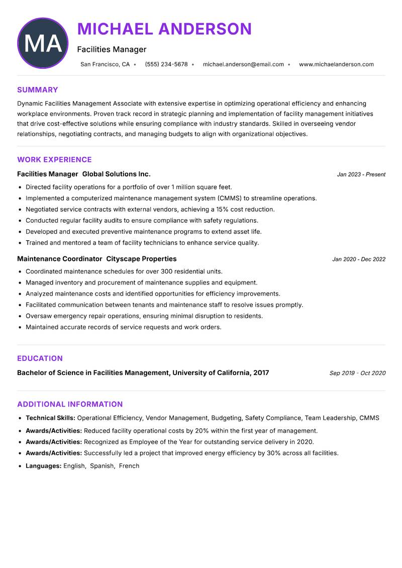 Facilities Management Associate resume example