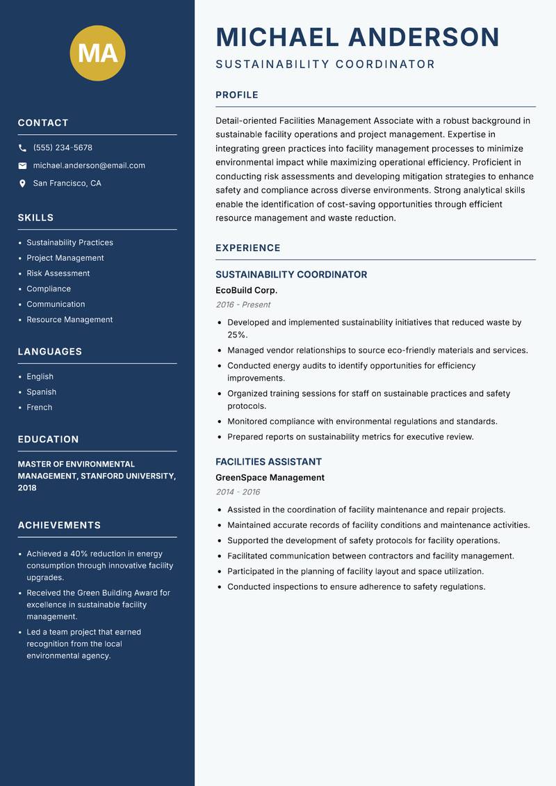 Facilities Management Associate resume sample — Sustainability Coordinator focus
