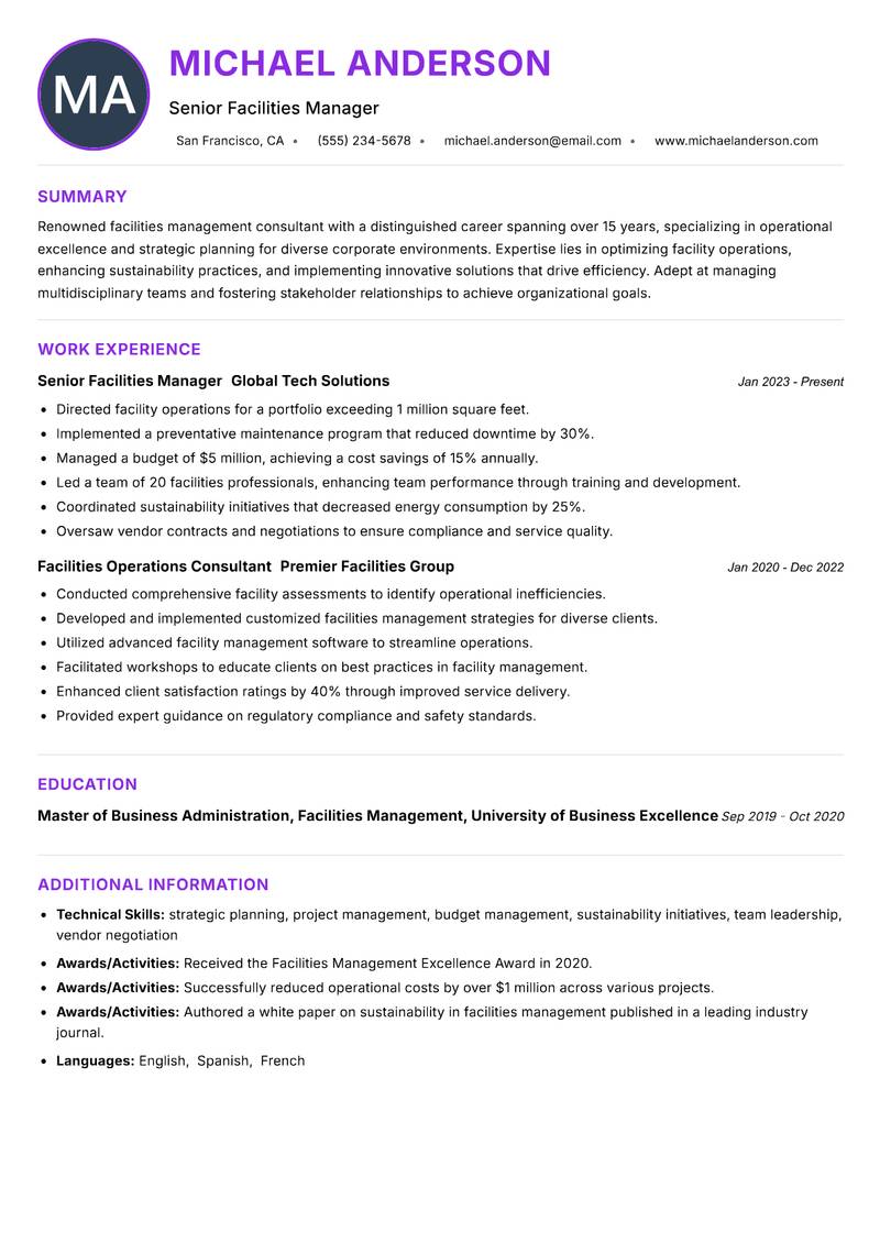 Facilities Management Consultant resume example
