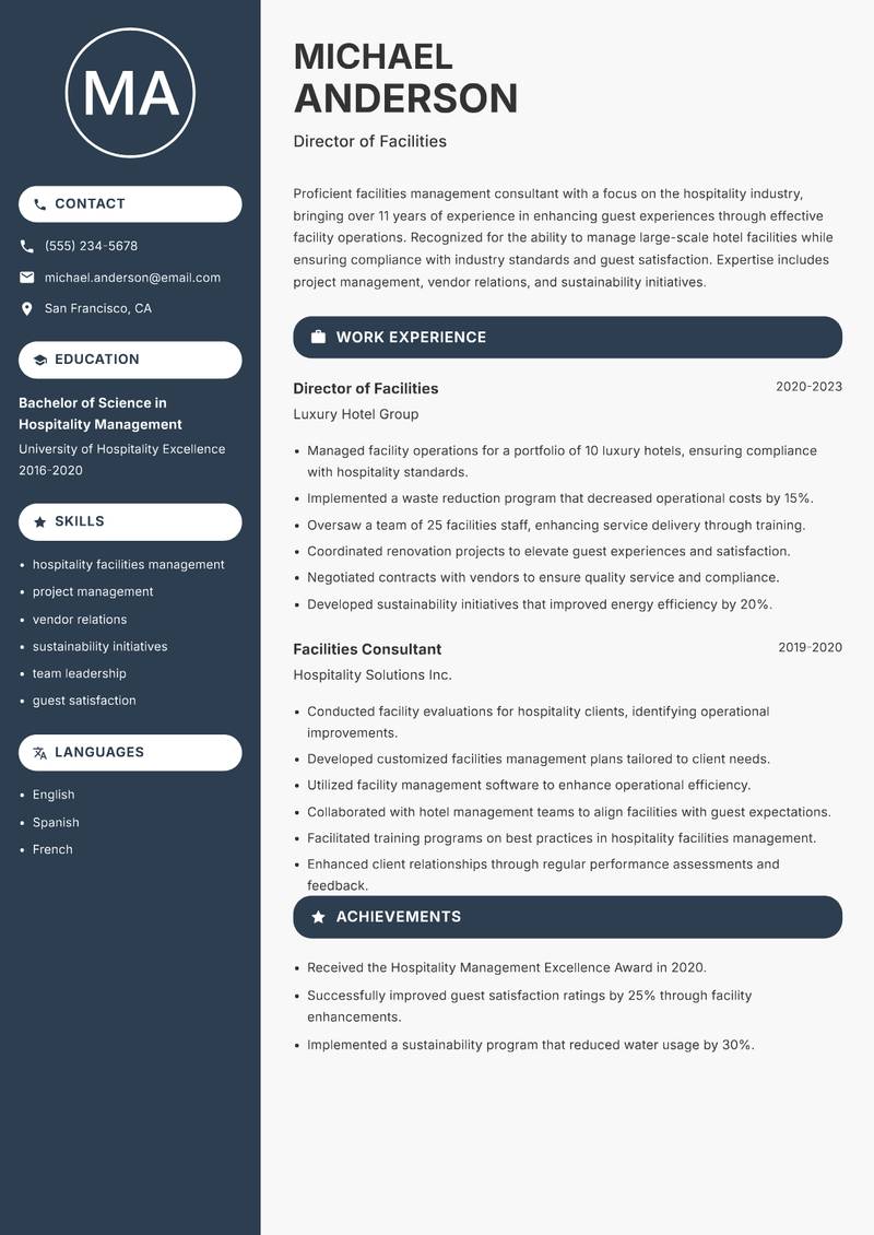 Facilities Management Consultant resume sample — Director of Facilities focus