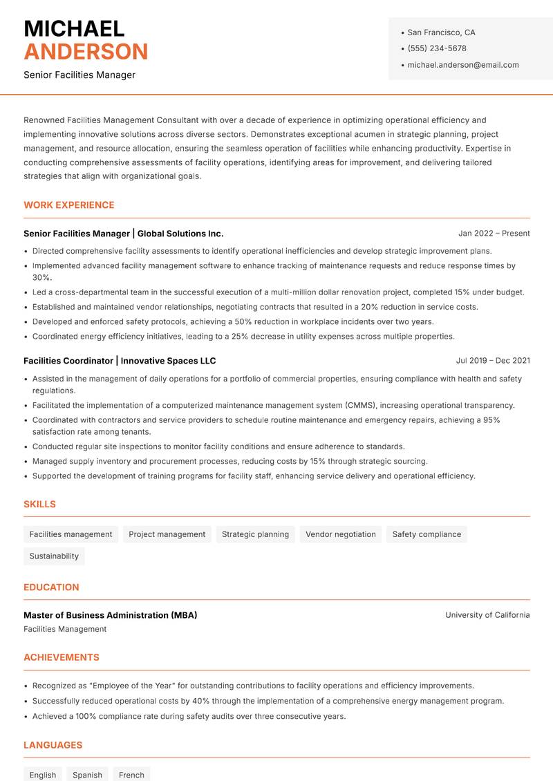 Facilities Management Consultant resume sample — Senior Facilities Manager focus