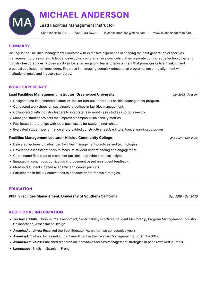 Facilities Management Educator resume example