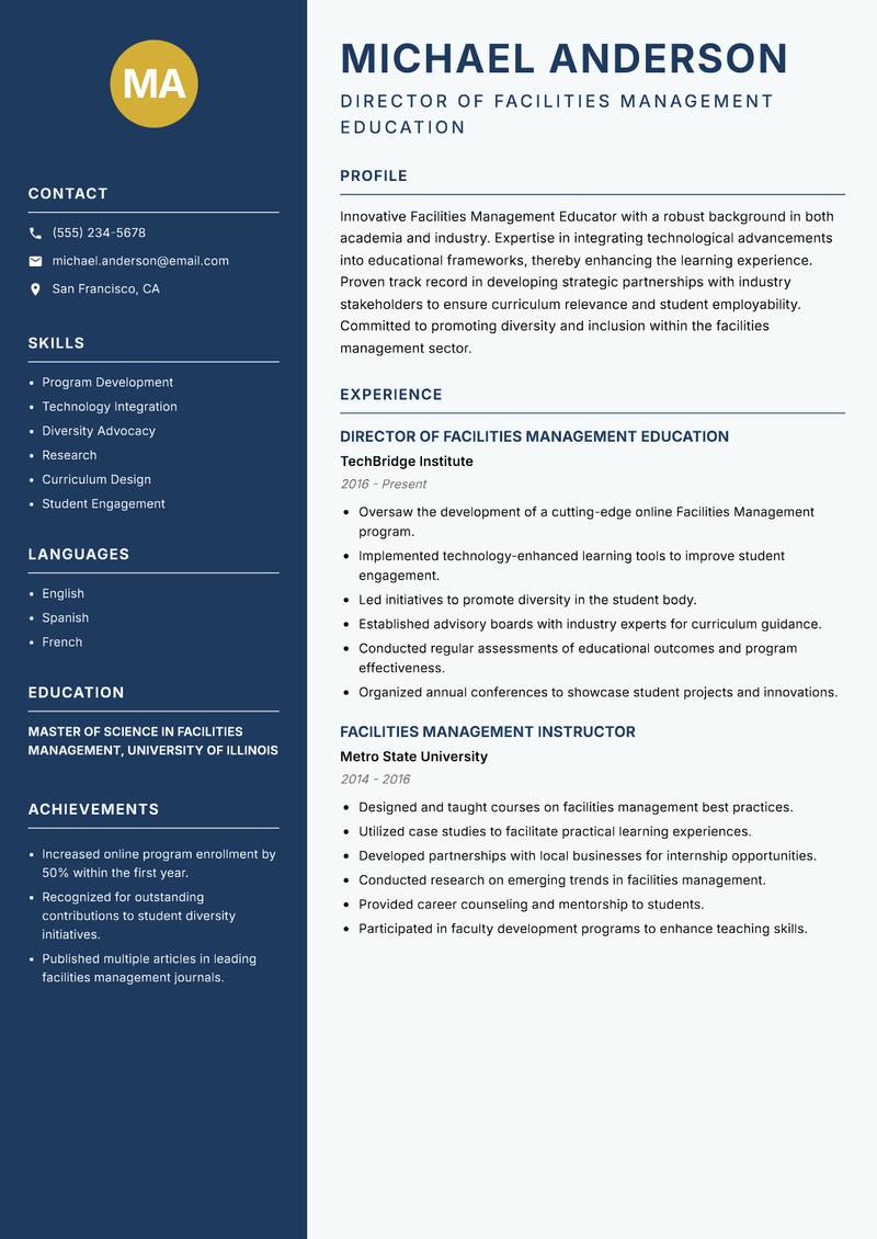 Facilities Management Educator resume sample — Director of Facilities Management Education focus