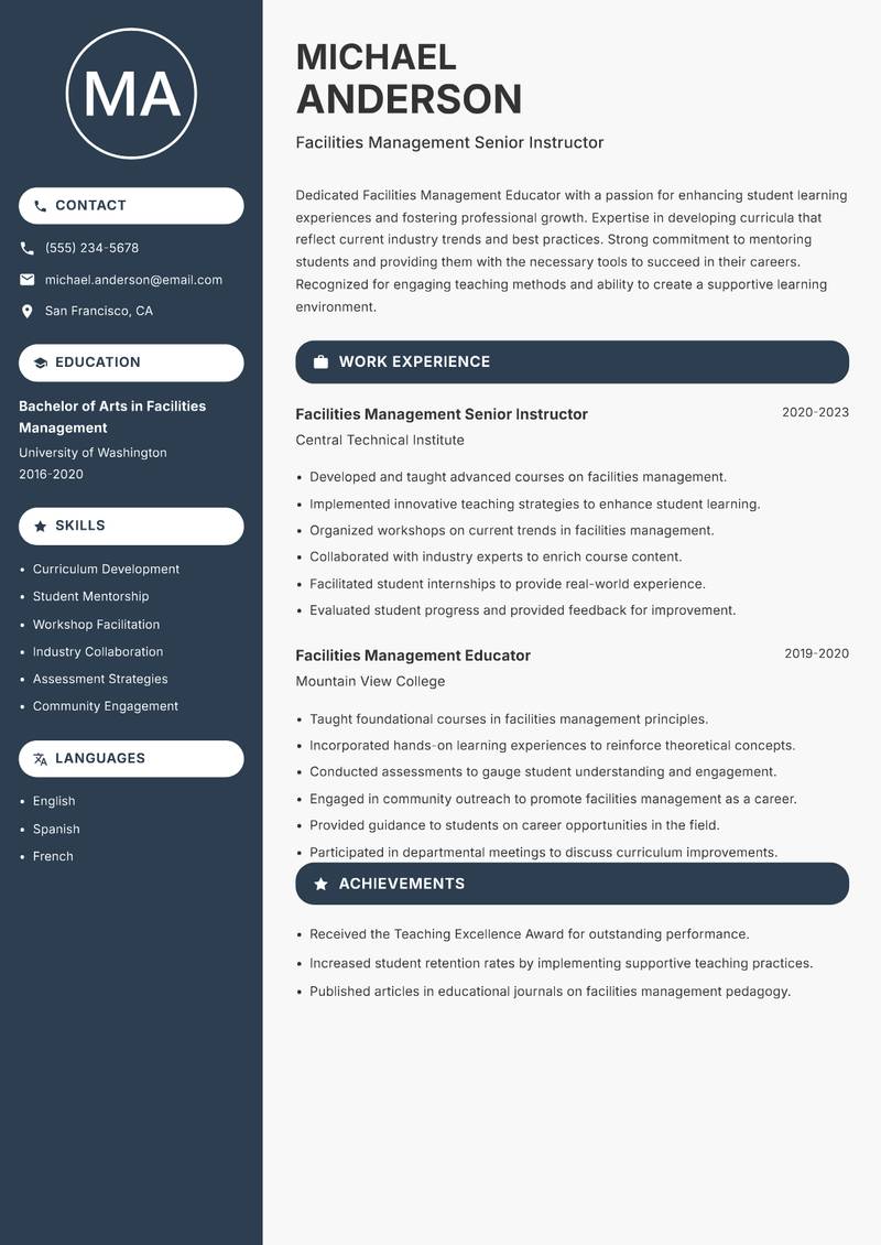 Facilities Management Educator resume sample — Facilities Management Senior Instructor focus