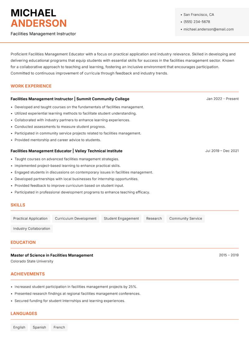 Facilities Management Educator resume sample — Facilities Management Instructor focus