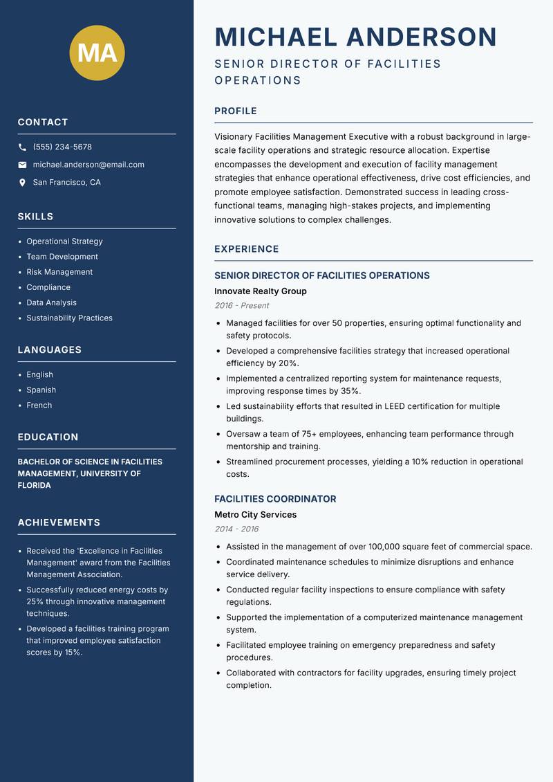 Facilities Management Executive resume sample — Senior Director of Facilities Operations focus