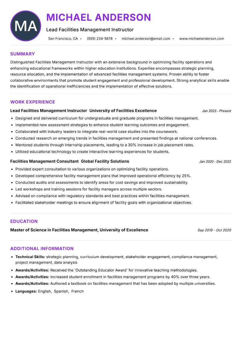 Facilities Management Instructor resume example