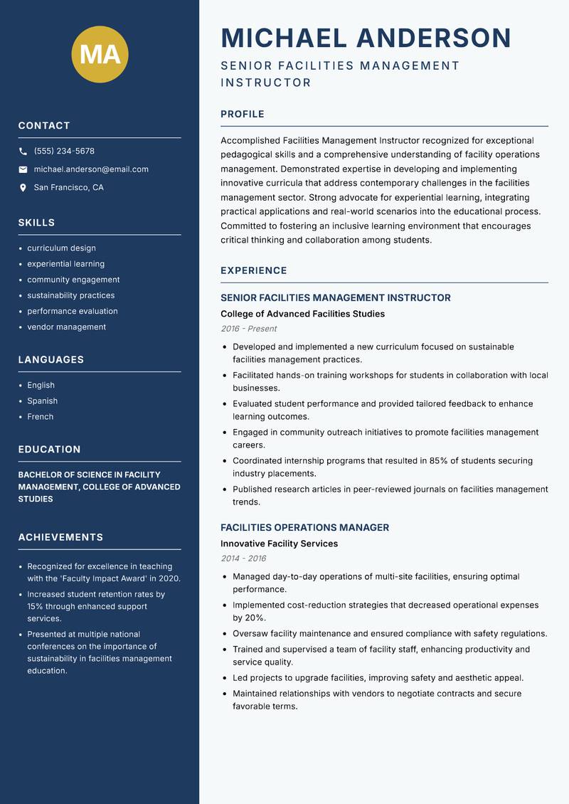 Facilities Management Instructor resume sample — Senior Facilities Management Instructor focus