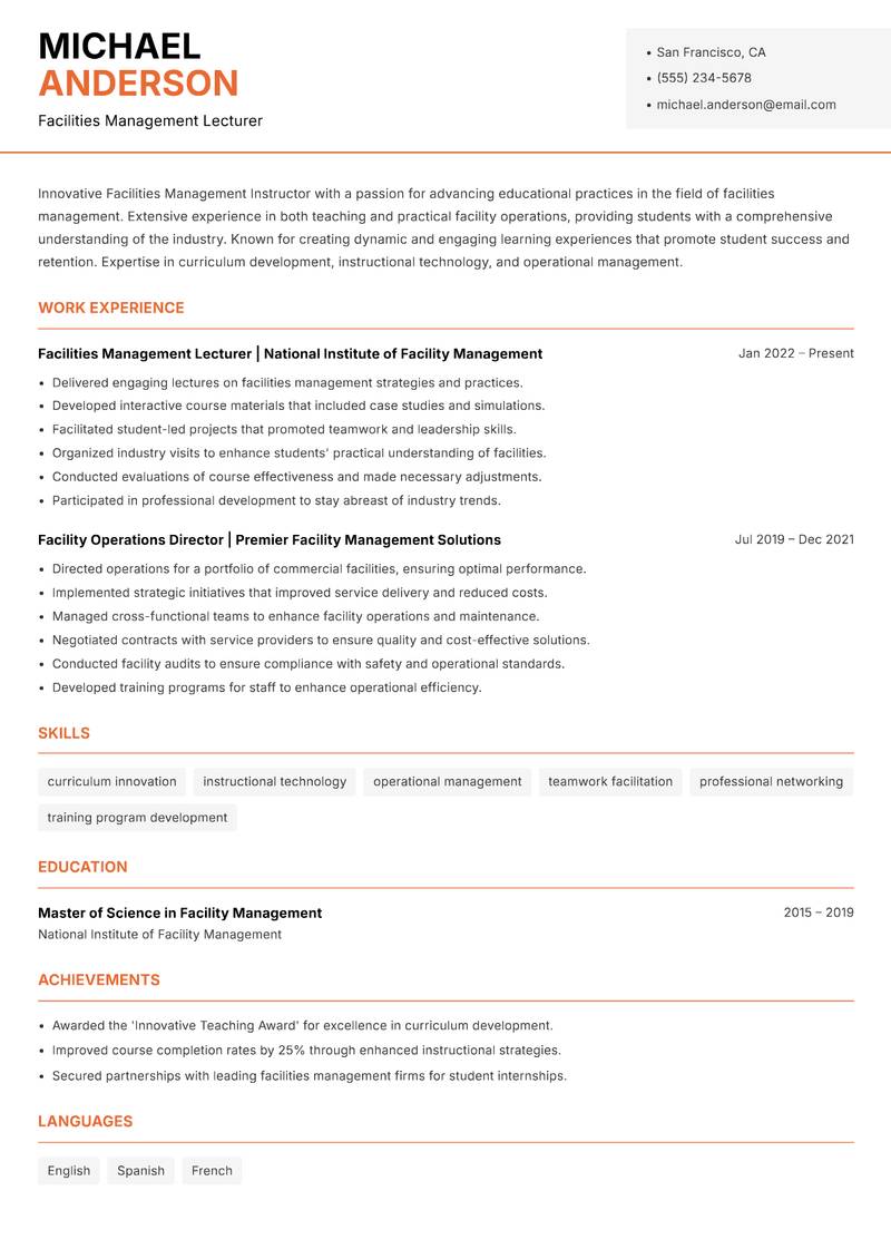 Facilities Management Instructor resume sample — Facilities Management Lecturer focus
