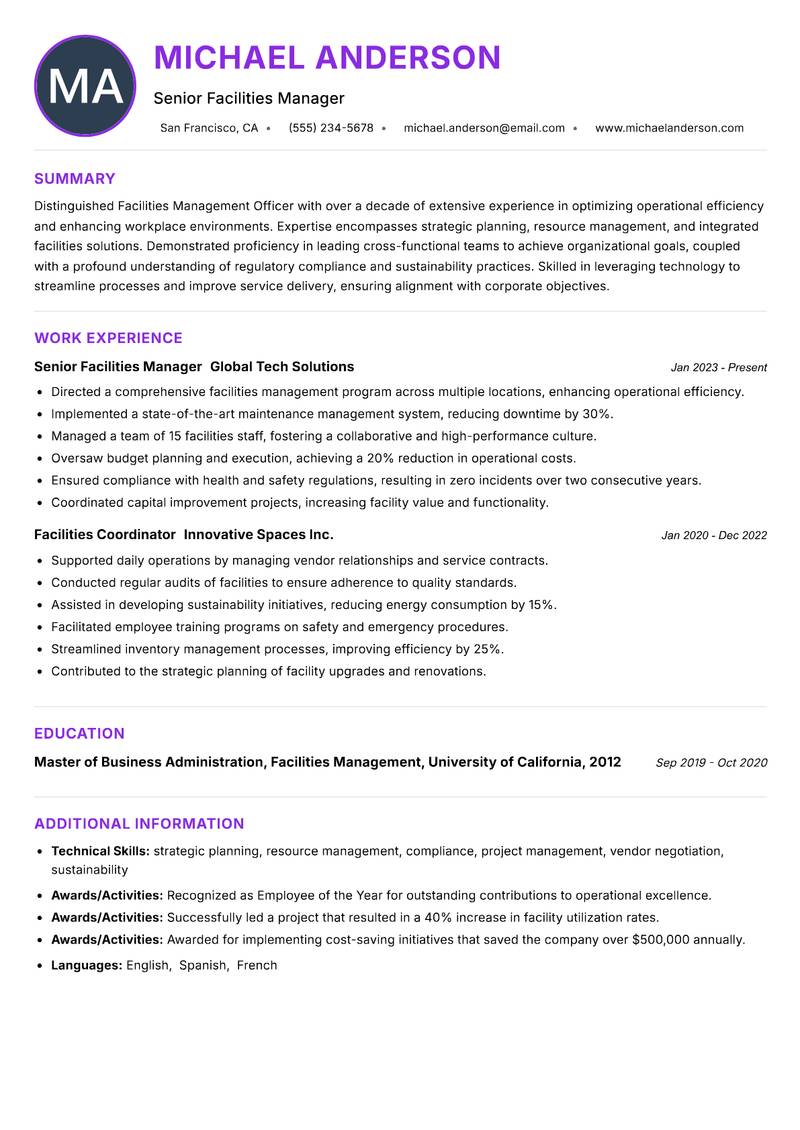 Facilities Management Officer resume example