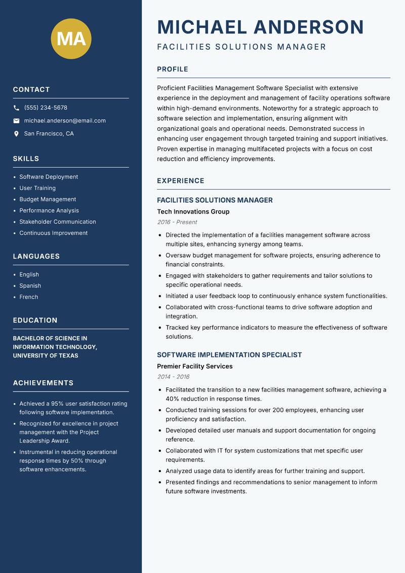 Facilities Management Software Specialist resume sample — Facilities Solutions Manager focus