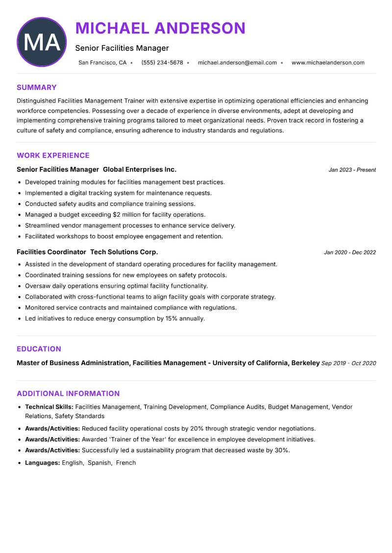 Facilities Management Trainer resume example